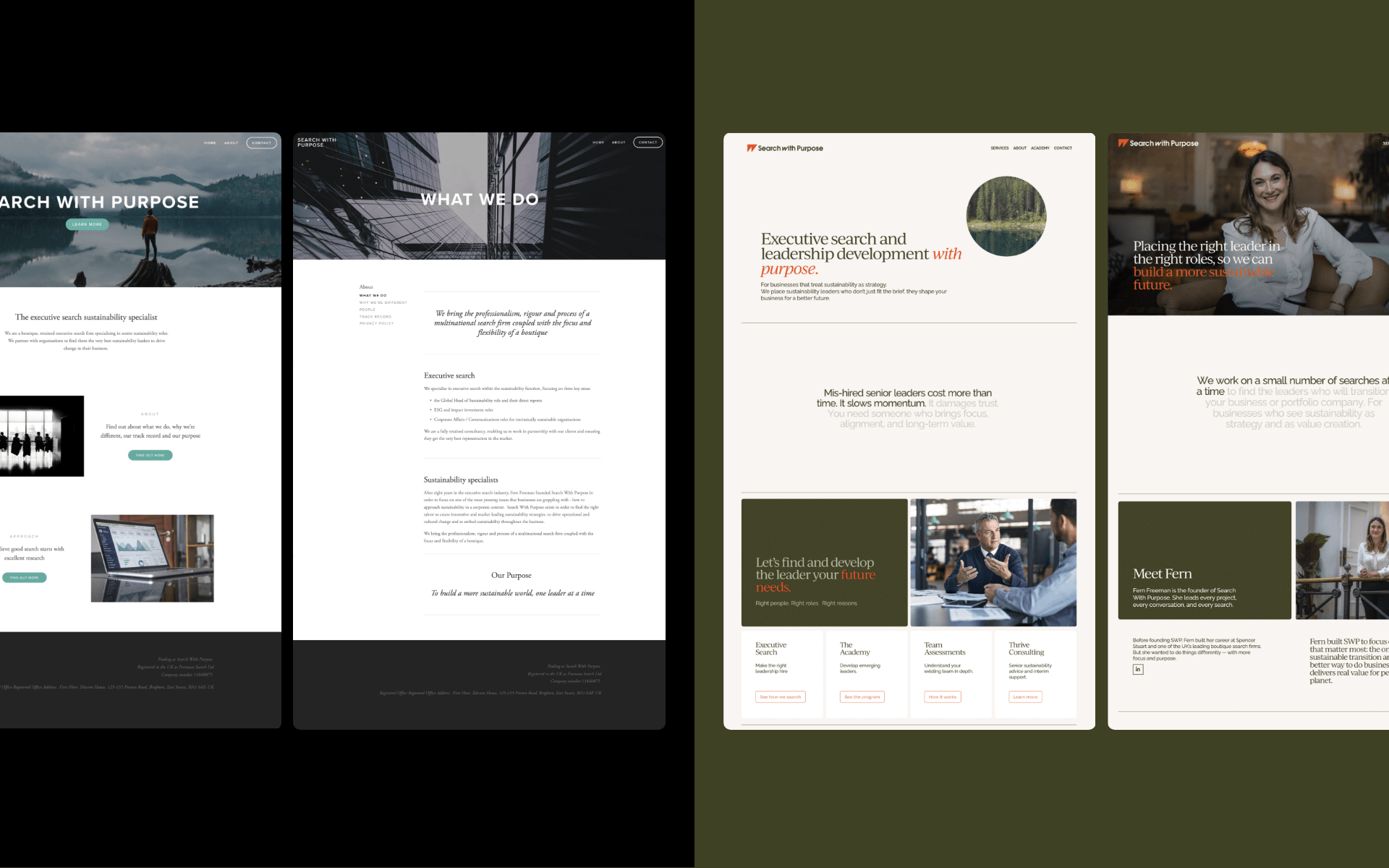 Before and after screenshots of the Search With Purpose website redesign by Toartle, showing the transformation from a generic, DIY look to a confident, senior brand and website focused on sustainability leadership.