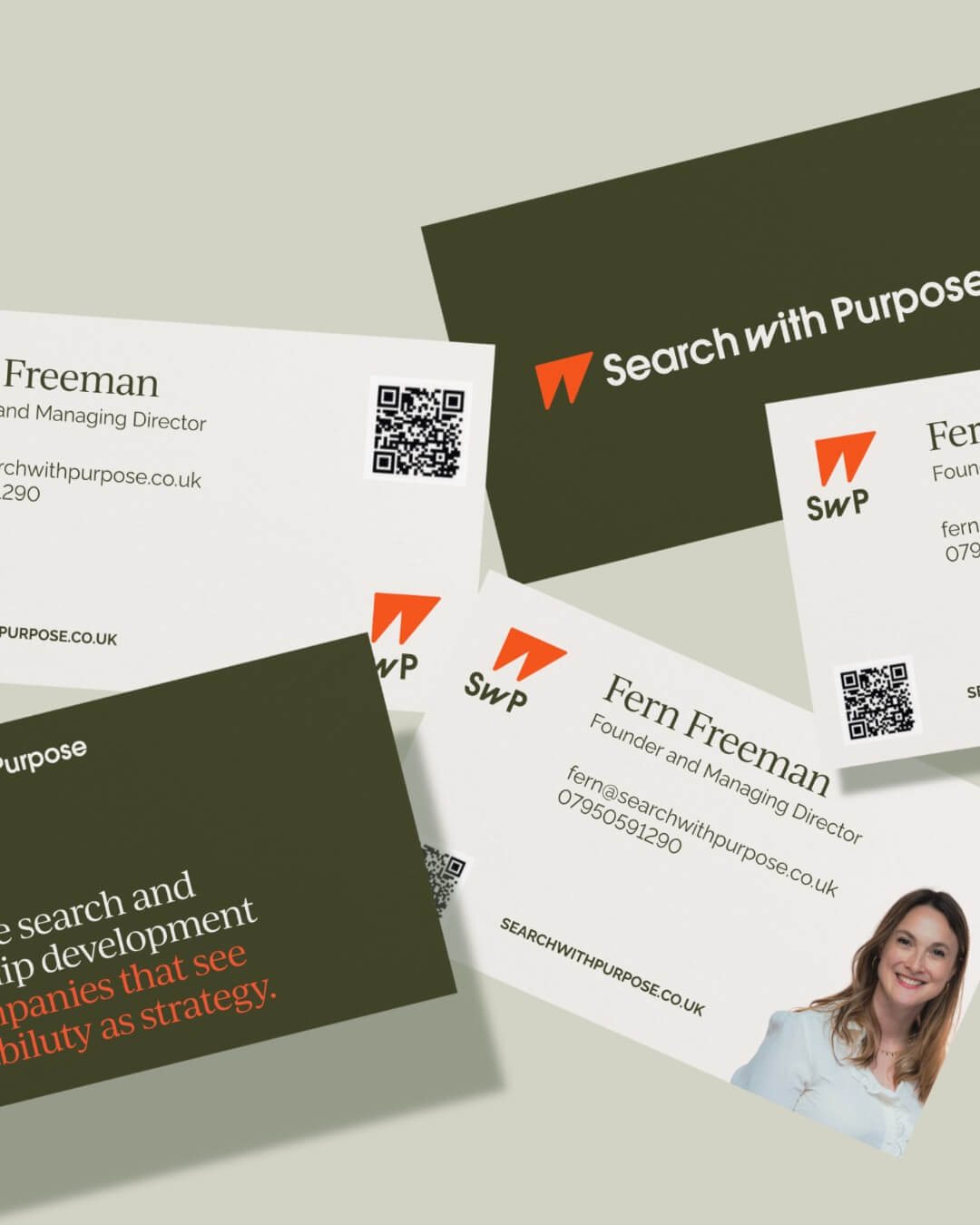 Branded business cards designed for Search With Purpose, featuring their new logo, colour palette, and typography as part of the brand system created by Toartle.