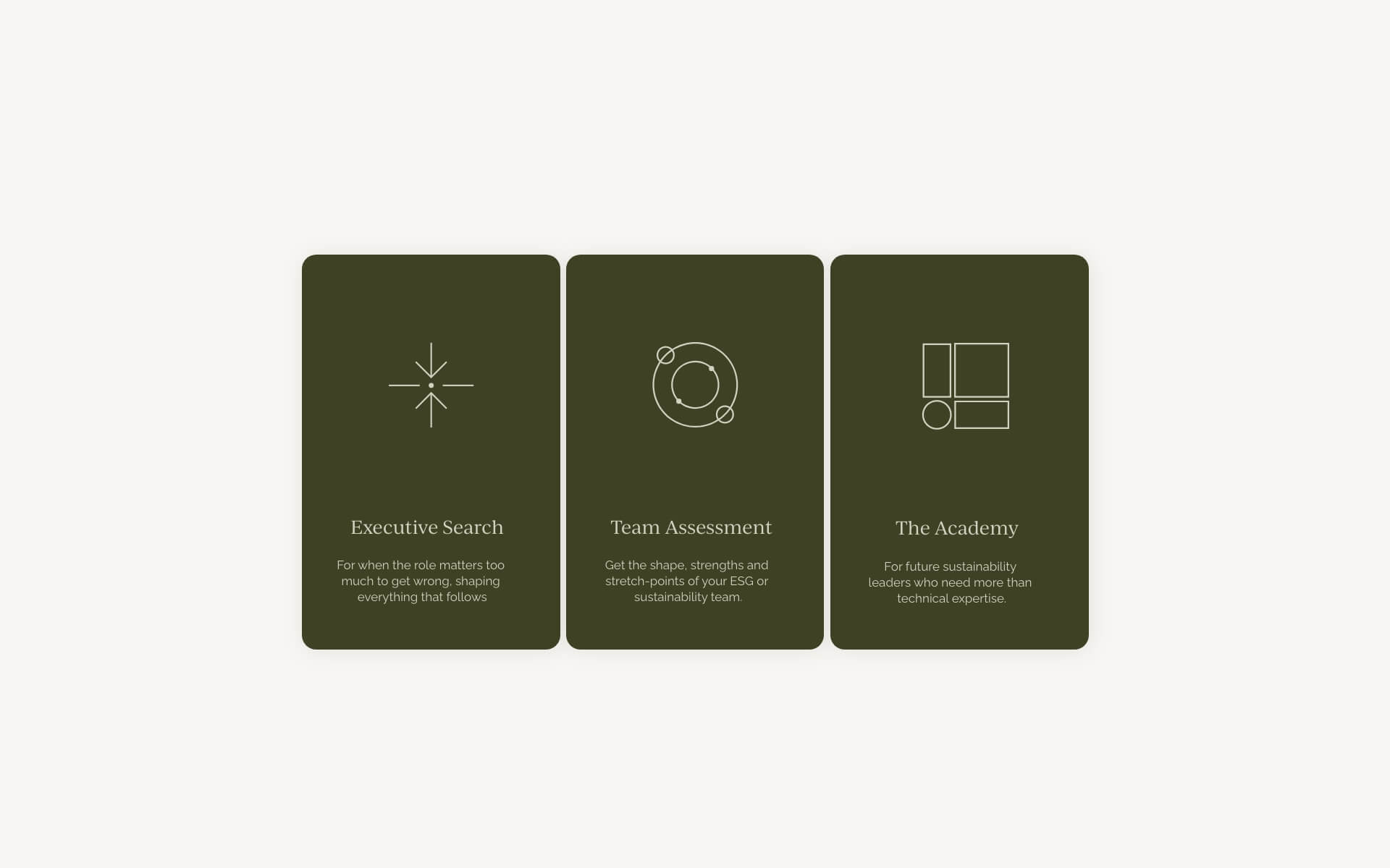 Service icons for Search With Purpose showcasing Executive Search, Team Assessment, and The Academy—each designed with minimalist line icons and succinct copy on dark green cards, reflecting the brand’s clarity and senior feel.