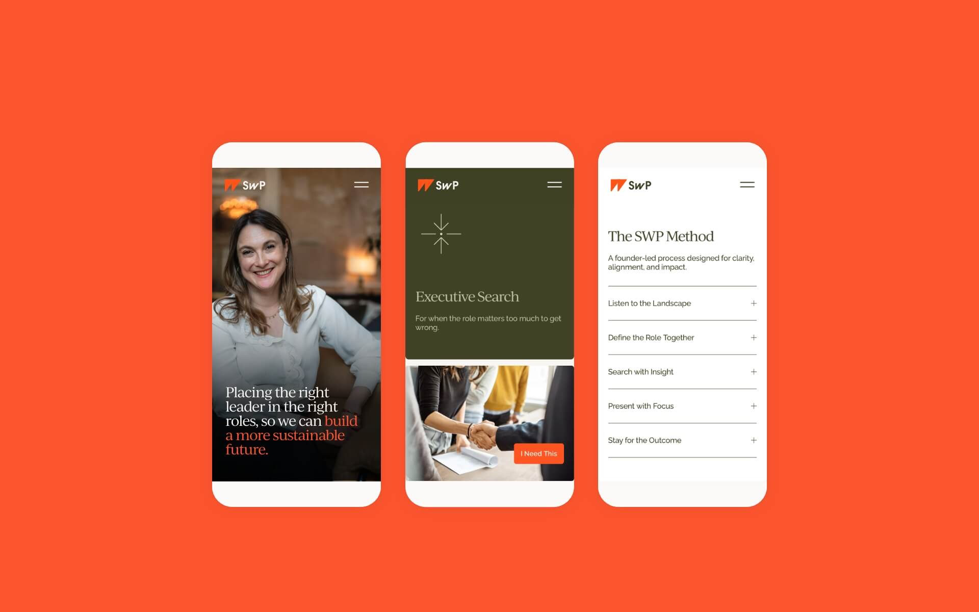 Mobile-optimised website design for Search With Purpose, showing three screens of the Squarespace build: homepage hero, executive search service, and the SWP Method process—designed by Toartle.