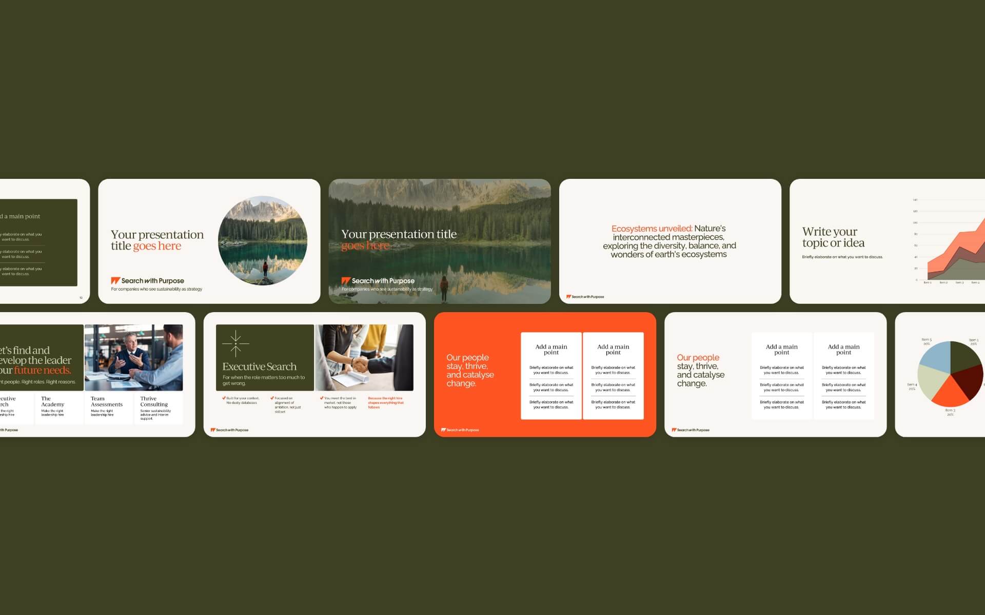 Branded presentation template for Search With Purpose, showcasing a cohesive set of slide layouts including title slides, data visualisation, and messaging, designed by Toartle to reflect their brand identity and storytelling style.