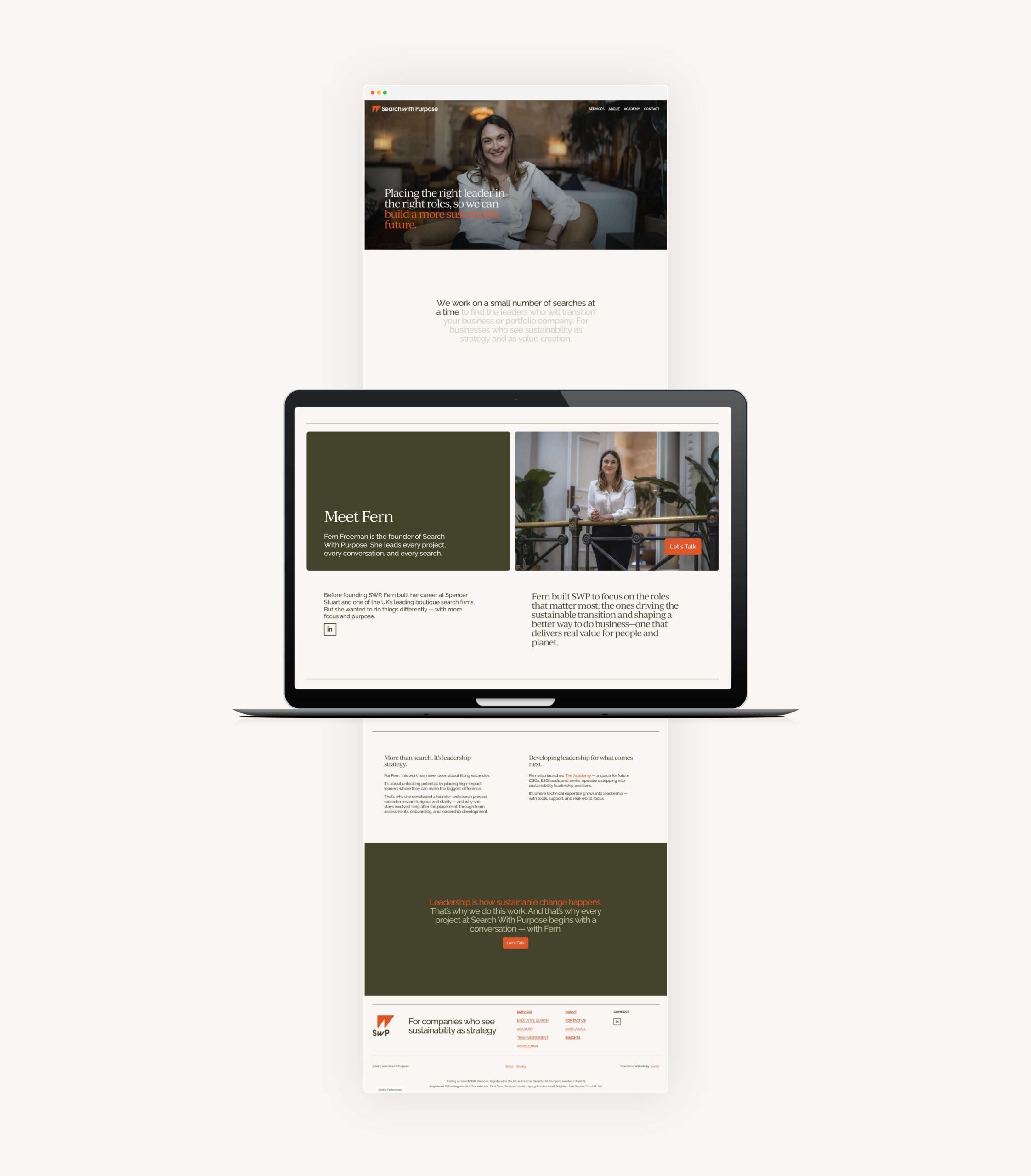 About page design for Search With Purpose shown in a scrolling layout, highlighting the strategic brand story flow and positioning created by Toartle.